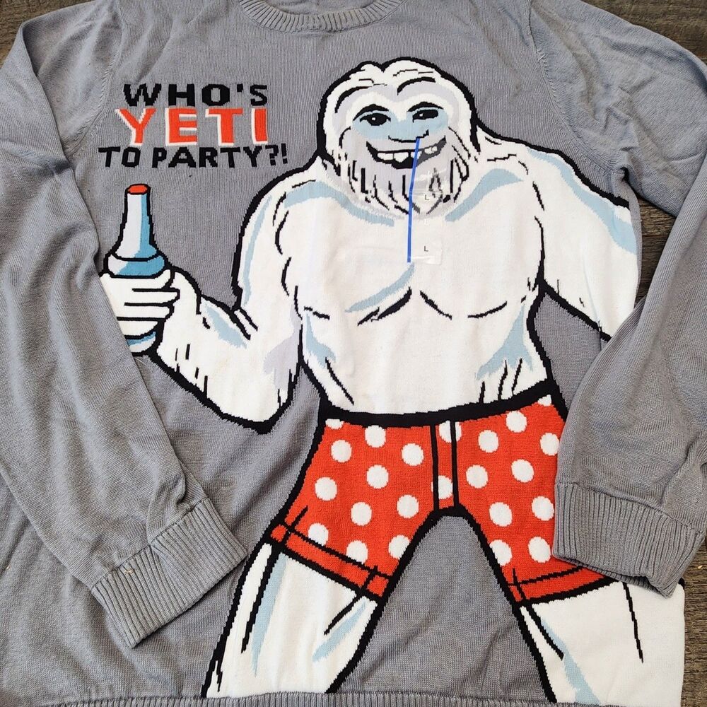 Who's Yeti To Party Funny Ugly Sweater Mens Gray Large